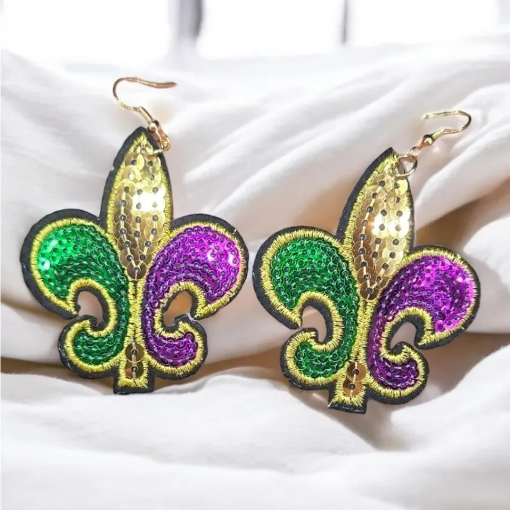 Sequin Fleur-de-Lis Earrings Mardi Gras Carnival Embroidered Dangle Jewelry New